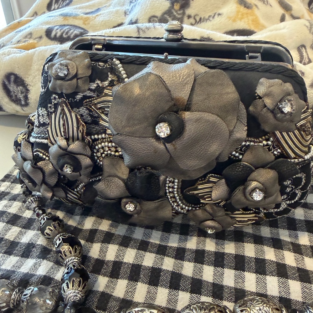 Mary Frances Black and Silver Flowery petal Bag